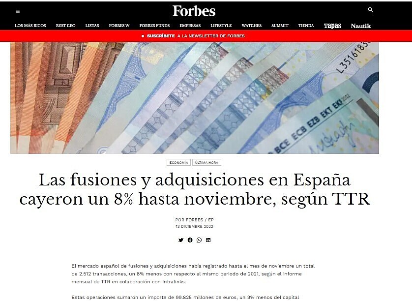 Las fusiones y adquisiciones en Espaa cayeron un 8% hasta noviembre, segn TTR